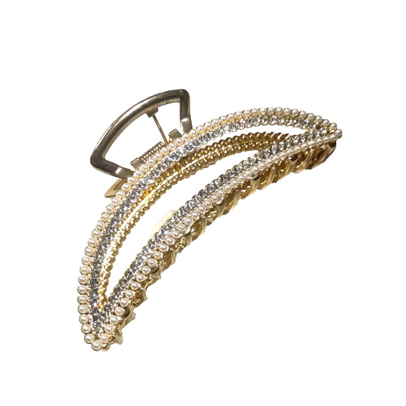 Hair Barrette Alligator Clip Rose gold Tone Rhinestone Faux Pearl - Picture 1 of 6